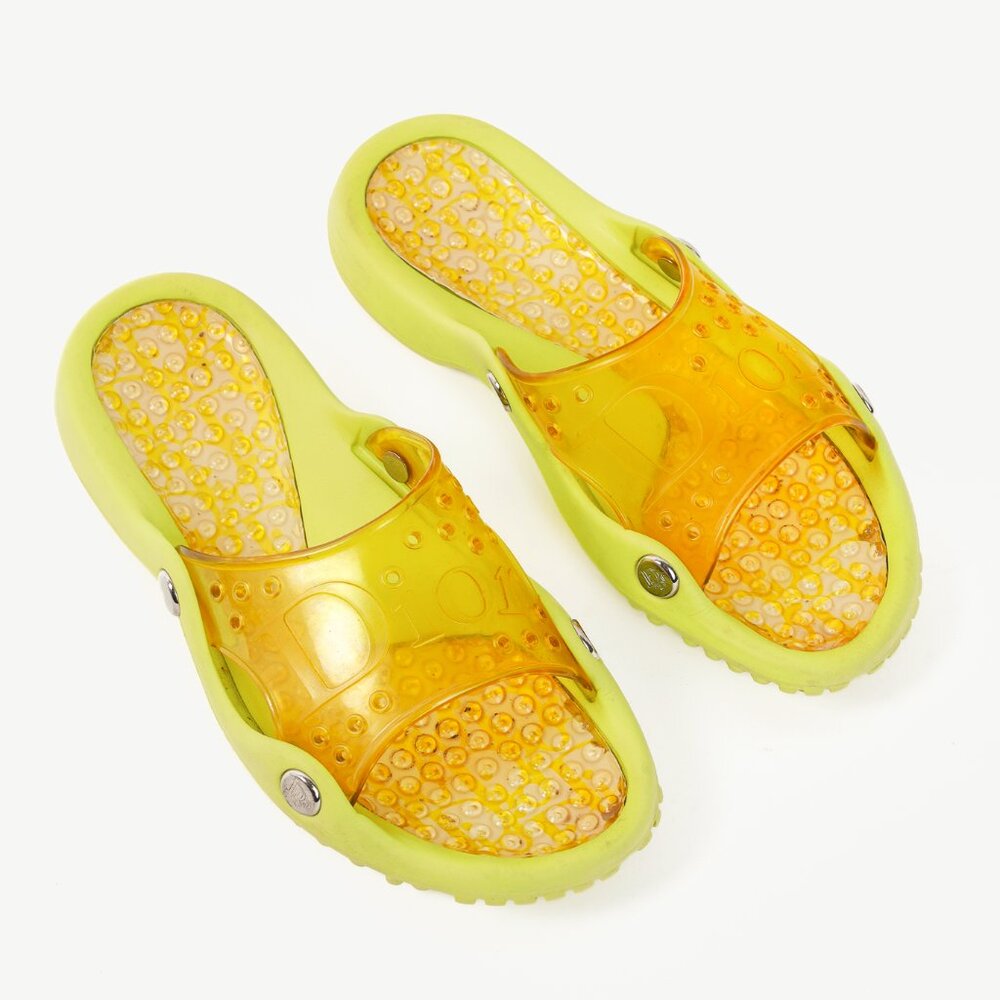 Dior Y2K Yellow Perforated Logo Rubber Slide Sandals